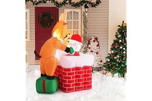 GOPLUS Décoration de Noël Gonflable 155 cm avec Lumières LED Intégrées, Père Noël Gonflable Grimpant la Cheminée, Renne Debout sur Boîte de Cadeau,Souffleur Imperméable (Père Noel Grimpant Cheminée)