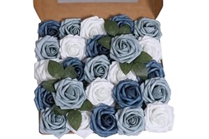ANCOKIG Lot de 25 Roses artificielles en Mousse au Toucher réaliste pour décoration de Mariage, Demoiselle d'honneur, Bouquets de Table, décoration de fête, décoration de Maison (Bleu dégradé,25 pièces )