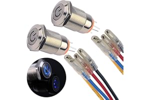 JIQI 2× 12mm Latching Druckschalter Metall 12V bis 24V 2A einrastend EIN/AUS Schalter mit blauem LED Symbol IP66 1NO Selbstsichernde wasserdichte Druckknopf Taster für Boot LKW RV Auto