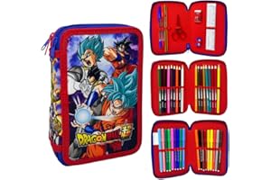 CARTOON Astuccio 3 zip Goku Vegeta per Dragonball Super fan completo 44 pezzi per la scuola multiscomparto penne matite colori pennarelli giotto