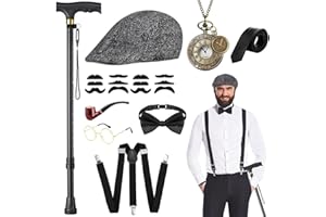 WILDPARTY 20er Jahre Kostüm Herren Accessoires, Faltbarer Krücken Metall, Panamahut, Taschenuhr, Metallbrille, Fliege, Hosenträger, Mafia Gatsby Kostüm 1920S Gangster Made China