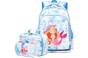 Vanwilit Girls School Backpack Mermaid Backpack Water Resistant Lightweight Primary School Bag Set with Lunch Bag & Pencil Case 3 in 1 Kids Bookbag Casual Rucksack (Blue Mermaid)