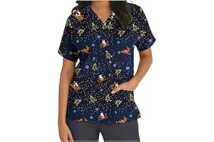 TSACHICK Christmas Black Scrubs V Neck Christmas Scrub Top Xmas Christmas Scrubs Tops Nurse Adult Santa Nurse Uniform Women Workwear Beauty Tunic Medical Uniforms & Scrubs Work Healthcare Tunics For Women