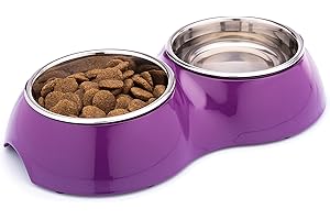 DDOXX Podwójna miska do jedzenia, antypoślizgowa, wiele kolorów i rozmiarów, dla małych i dużych psów, podwójna miska na karmę dla psa, miska dla kotów, miska ze stali nierdzewnej, miska melaminowa, fioletowa, 2 x 700 ml