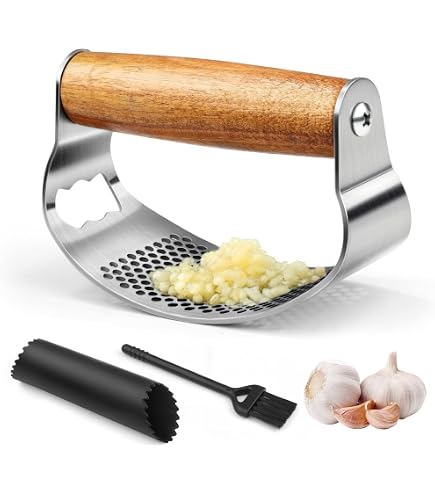Presse Ail à Bascule Inox - Avec Épluche-Ail Et Brosse - Hachoir Ail Et Gingembre Facile