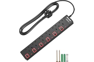 DEWENWILS 6 Way Surge Protected Extension Lead, Individual Switches and Indicator Lights, Extension Cable 3M, 13 Amp 6 Gang Power Strip, 3250W, Wall Mountable, Black