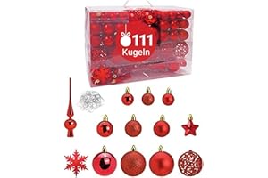 ‎WOMA WOMA Christbaumkugeln Set Rot & 19 weiteren Farben - 111er Weihnachtskugeln Set inkl. Metallhaken - Weihnachtskugeln Kunststoff - Weihnachtsbaum Deko & Christbaumschmuck