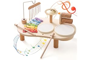 Promise Babe - Musikinstrument i trä för barn i åldrarna 1-3 år, Montessori-batteri med trumma, xylofon och slagverk, pedagogisk musikleksak, present till pojkar och flickor