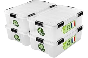 Iris Ohyama Luftdichte Kunststoff-Aufbewahrungsboxen mit Deckel, 30L, 4er-Set, Transparent, Hermetischer wasserdichter Verschluss, Robuste Schnappverschlüsse, Stapelbar, Staubschutz, BPA-frei, WSB-30