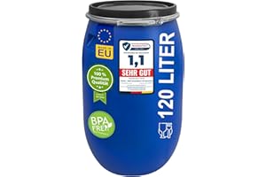 plasteo® 120 Liter Weithalsfass mit Deckel und Spannring Futtertonne Kunststofffass Universalfass Deckelfass Lebensmittelecht Wasserfass Regentonne Lagerfass | Stabile Griffmulden | Blau