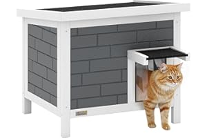PawHut Outdoor Cat House Insulated, Wooden Weatherproof Feral Cat Shelter with Openable Asphalt Roof, Plastic Door Flaps, Rabbit Hutch for Bunnies, for Winter Outside, 61 x 51 x 53.5 cm, Grey