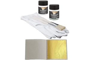 BLATTGOLD-BLATTSILBER 50 Blatt Blattgold Imitation Set zum Vergolden & Basteln + 1 x Kreul Anlegemilch 50ml + 1 x Überzugslack 50ml + 1 x Vergolderhandschuhe + 2 Pinsel