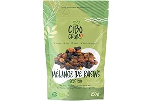 CIBO CRUDO CRUDO BIOLOGICO VEGAN Mélange de Raisins Secs Bio et Crus - Qualité Premium - 250g. Mélange de Raisin Sec et Raisins Thompson Biologiques. A Utiliser Comme Collation et les Recettes. Sans Sucres ni Nulfites Ajoutés.