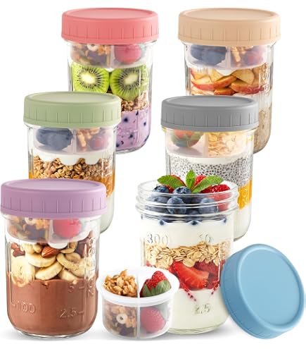 Pot Overnight Oat Verre 6 Pots Avoine Nuit 300/480ml Avec Couvercle, Jars Prep Meal Couvercle Pot Yaourt