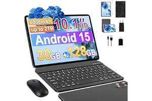 fezawio 10 Inch Android Tablet 15, 30GB RAM+128GB (2TB TF) Octa-Core/Gemini AI/Widevine L1/5GWiFi6/8000mAh/5MP+8MP/Tablets with Keyboard & Case & Mouse,Grey