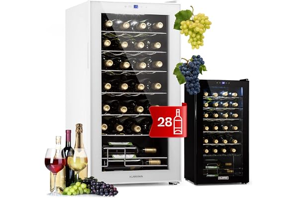 Klarstein Shiraz Cave a Vin, Réfrigérateur à Vin à une Zone, Cave à Vin de Vieillissement, Prosecco et Bière, Ecran Tactile, Réfrigérateur de Bar, Frigo Interieur/Exterieur, 5-18°C, 28 Bouteilles