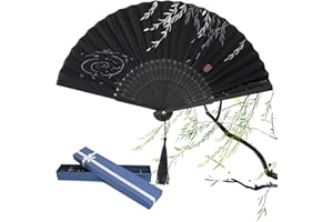 HEAWAA Składany wachlarz ręczny dla kobiet, chiński styl, ręcznie składany wachlarz z bambusa i jedwabiu z frędzlami, na lato, dekoracja ścienna, dekoracja urodzinowa, wesele, impreza, prezent