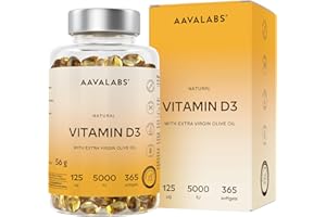 ‎AAVALABS Vitamin D3 Hochdosiert Depot 5000 IU 365 Kapseln - Vitamin D3 5000 IE mit kaltgepresstem nativem Olivenöl Extra für optimale Absorption - Vitamin D Hochdosiert Ohne Gentechnik, glutenfrei, laktosefrei