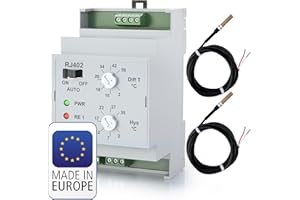 ELEKTROBOCK RJ402 Temperatur-Differenzschalter | 𝑳𝓐𝑵𝐆𝑳𝜠𝓑𝑰𝐆 | für Kreislaufpumpe und Solarsystem - DIN-Leiste - Mit 2 Externen Sensoren