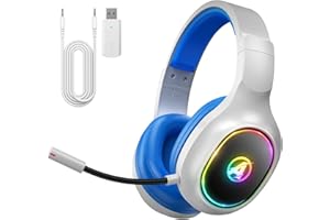 Awinnasey Cuffie Gaming Wireless da 2,4 GHz per PC, Mac, Switch, PS4, PS5, Cuffie Wireless con Cancellazione del Rumore con Microfono Staccabile, Cuffie Bluetooth con Cavo da 3,5 mm, Bianco Blu