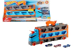 Hot Wheels - 2:1 Autorennbahn zu Transporter, inkl. 3 Spielzeugautos, mit Doppelstarter, Auslösefunktion und Weiche, Platz für 20 Autos, Spielzeug ab 4 Jahre, HGH33