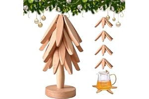 SNUGEASY Wooden Trivet Tree Coasters Stackable, Christmas Tree Shaped 3/4/5+1 Natural Wood Heat Resistant Tree Coasters for Kitchen Xmas Decor (4 Trivets - B)