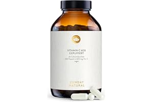 ‎SUNDAY NATURAL SUNDAY NATURAL® Vitamin C hochdosiert - 365 Kapseln - 1.200 mg Vitamin C gepuffert je Tagesdosis – Säurefreies Calciumascorbat – Magenschonend – Laborgeprüft, vegan, ohne unnötige Zusätze