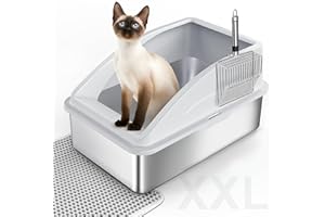 FURTIME Kuweta dla kota ze stali nierdzewnej XXL, ze stali nierdzewnej, duża pojemność, 42 l, zabezpieczona przed rozlaniem, z metalową szufelką do żwirku dla kota, 60 x 40 x 36 cm (srebrno-szara)