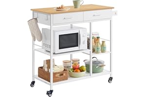 VASAGLE Isola da Cucina Mobile con Ruote, Carrello da Cucina, 45 x 98,7 x 90 cm, Portasciugamani, 2 Cassetti, 2 Ganci, per Sala da Pranzo, Rovere Beige e Bianco Opaco KKI010Y01