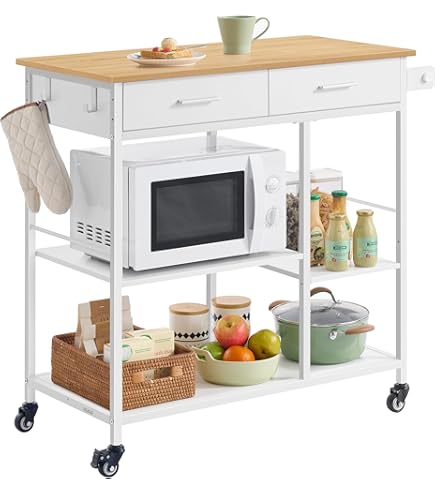 Bonnlo Desserte De Cuisine Roulante Blanche Avec Tiroirs - Îlot Central Mobile, Plan De Travail En Bois D'hévéa, 95x46.2x89 Cm, Parfait Pour Petites Cuisines