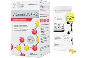 BIO MEDICAL PHARMA Vitamine D3 K2 MK-7 Hautement Dosé – 240 Gélules – 5000 UI Vitamine D3 & 100 µg Vitamine K2 MK-7 – Haute Biodisponibilité avec Huile de Lin – Soutient Immunité, Os & Muscles – Sans Additifs