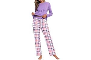 Uniexcosm Pigiama Donna, Pigiama a Quadri Donna Lungo Pigiama da Donna Cotone Leggero con Girocollo Pigiama 2 Pezzi Donna con Tasca Sciolto Accogliente per Casa e Casuale