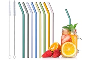 REALJOY Szklane słomki wielokrotnego użytku, 8 kolorowych słomek szklanych, zakrzywione, z 2 szczotkami do czyszczenia szklanek, do koktajli, smoothie i soków. Słomki do picia, nadają się do mycia w zmywarce