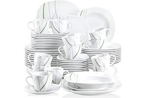 VEWEET AVIVA 60 pièces Service de Table Porcelaine 12pcs Assiette Plate, Assiette à Dessert, Assiette Creuse, Tasse avec Soucoupes Vaisselles pour 12 Personnes Céramique Blanc Ivoire