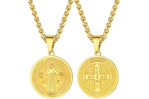 U7 Collar con colgante de cruz de San Benito – Cadena crucifijo – Chapado en oro – Acero inoxidable – San Benito Exorcista – Joyas cristianas – Moneda Jesús – Cruz latina (con caja de regalo)