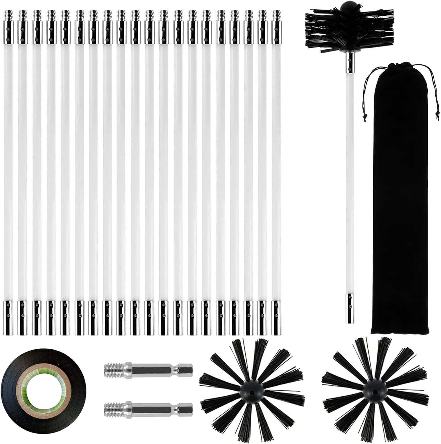 24 Piezas Cepillo De Chimenea Kit,Cepillo Limpieza Chimenea,Kit de Cepillo Limpieza Chimenea,Cepillo para Limpiar Chimeneas Incluye 20 varillas, 2 cabezales, 1 conector y 1 bolsa de almacenamiento