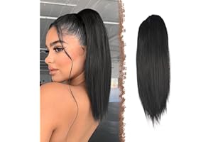 FESHFEN Straight Drawstring Ponytail Extension Natural Synthetic Long Pony Tails Hairpieces Clip in Ponytails Extensions for Women Girls, Natural Black 14 inch