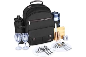 Sunflora Picknick Rucksack Set 2 Personen mit Isoliertem Kühlung und Decke, Picknickkorb 2 Personen für Familie Camping Outdoor(Schwarz)