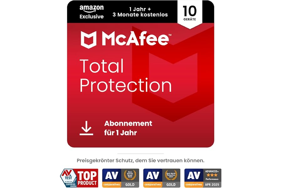 McAfee Total Protection (10 Geräte) 2025 | 15 Monate | Secure VPN, Sicherheitssoftware mit Virenschutz, Kennwort-Manager, Ide