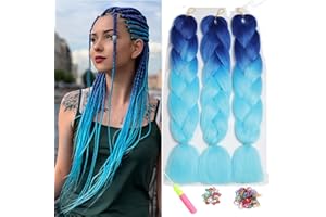 Extensiones de Pelo Trenzas Africanas, Showjarlly 24" Pelo Trenzas Africanas Extensiones, 3 Pc Pelo Sintetico Trenzas de Crochet Para Pelo Trenzas Africanas Extensiones Azul real/azul cielo