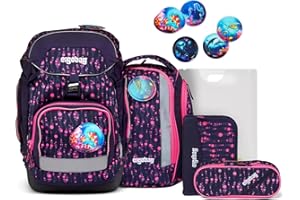 ergobag pack Set ergonomischer Schulrucksack, 6-teilig, Bärmuda Viereck - Lila, Einheitsgröße