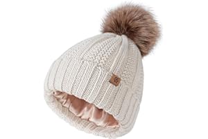 Creekstone Bommel Beanie-mütze Damen, Satin gefütterte Wintermütze, Warme Strickmütze Mit Kunstpelz Bommel Pom Pom Beanie