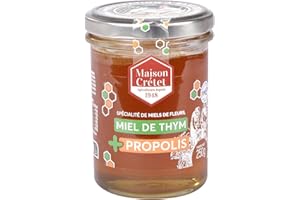Maison Crétet | 1 pot de Miel de Thym et Propolis 250g | extrait dense de propolis | non pasteurisé | 1 Pot verre | Préparation de 250g