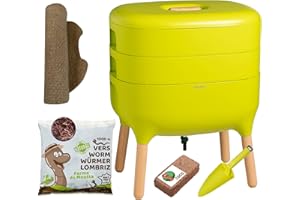 WORMBOX Moutta | Urbalive 2 vassoi Verde, Kit Completo I Vermicompostaggio Design I 500g di Vermi Lombrichi / 1000 pz. I Substrato Iniziale I Stuoia di Canapa + Pala I Interno, Balcone e Giardino