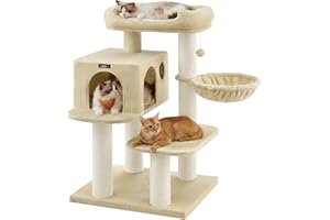 Feandrea Kratzbaum für große Katzen, XXL, hochbelastbar, Katzenturm mit 6 extra dicken Kratzsäulen, große Plattform, Höhle, Korb, flexibel aufbauen, abnehmbare, waschbare Kissen, beige PCT01M