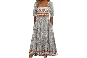 NUSGEAR 2024 Vestidos Largo para Mujer Vestido Manga Corta Elegante Primavera Verano Impresión Boho Bolsillos Casual Vestidos Cuello Redondo Fiesta Moda Playa Suelto Vestido de Noche Vacaciones