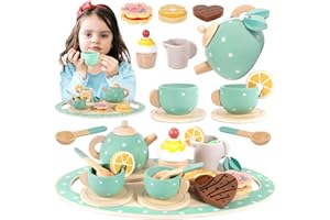 ENCOUN 17Pcs Service à Thé pour Enfants, Services à Thé en Bois, Tea Party Jeux de Rôle, Service à Thé Jouets, Dînette Enfant Accessoire, Jeux de Cuisine pour Enfants Filles Garçons 3 4 5+Ans