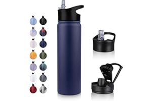 UMBFUN Edelstahl Trinkflasche - 750ml - mit Strohhalm,Auslaufsicher,Kohlensäure Geeignet,BPA frei Thermosflasche(+2 Deckel) Vakuum Doppelwandisolierung für Sport,Reisen,Camping,Schule,Fahrrad,Gym