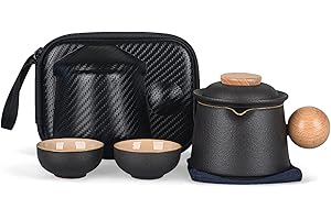 fanquare Juego de Té de Porcelana Juego de Té de Viaje Mini Portátil Negro Tetera de Kung Fu China con Infusor Bolsa de Almacenaje para Exteriores