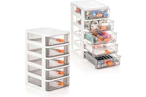 Cididu 2 Pack Small Desktop Drawer Storage Unit, Clear 5-Drawer Unit, Plastic Mini Organizer with Drawers, Organizer Box Storage Container Case 5.3"x6.7"x10.2" White Frame